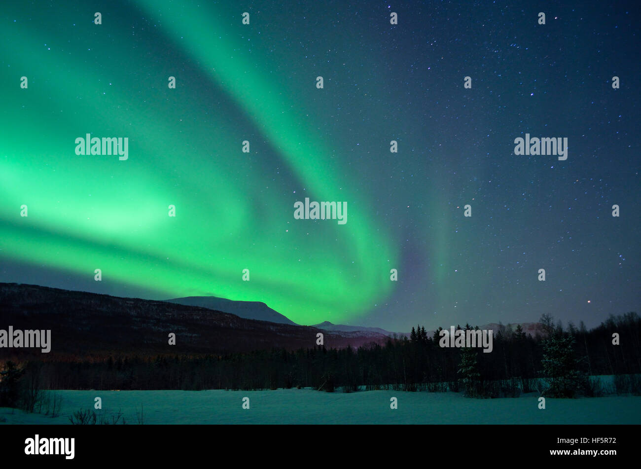 strong aurora borealis dancing over snowy field and mountain in the ...