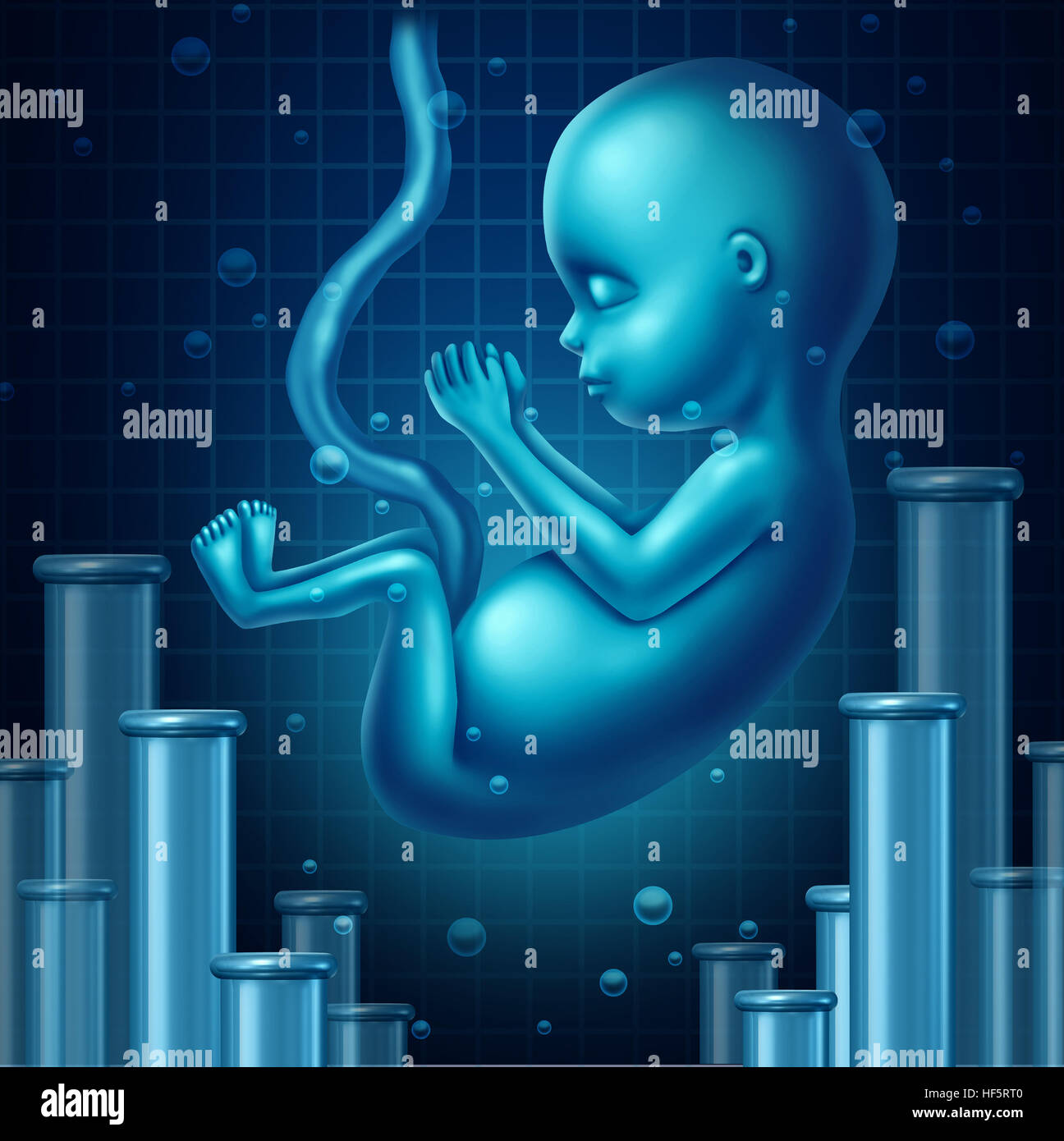 Fertility science concept as a reproductive medicine symbol and medical research icon as a human fetus and experimental beacon or test tube glass cont Stock Photo