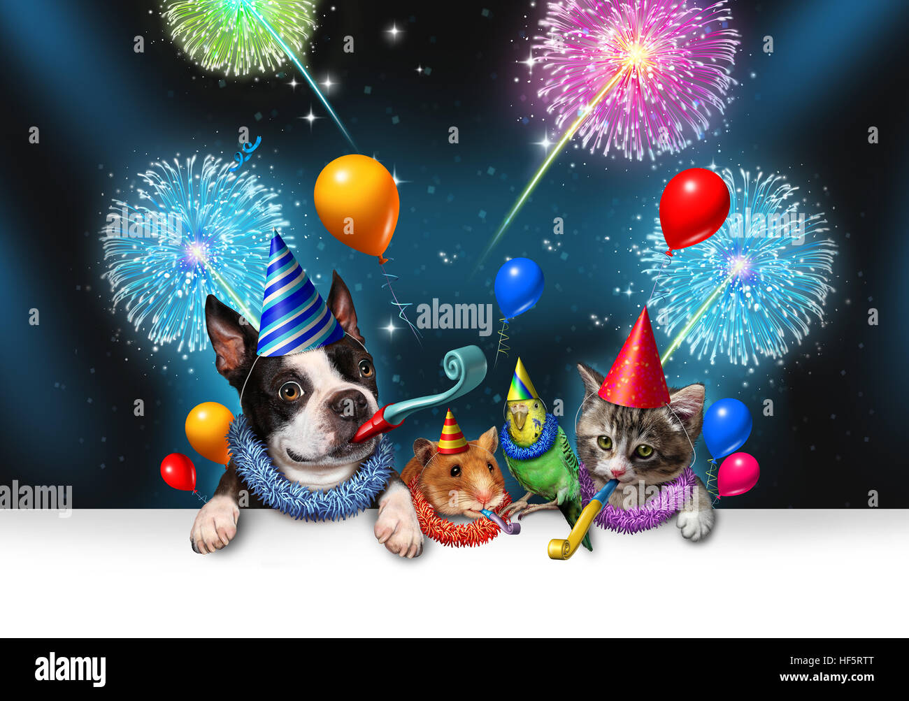 New year pet celebration as a night party with fireworks partying as a group of animals as a happy dog cat bird and hamster celebrating an anniversary Stock Photo