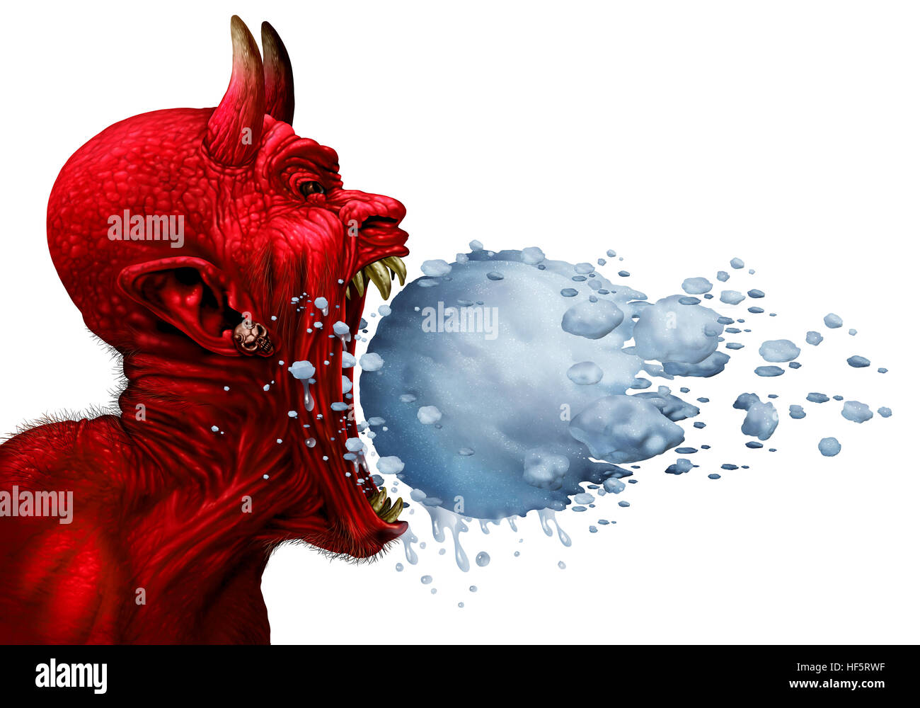Devil in winter as a red demon or monster with in an open mouth having a frozen and melting snowball heading towards the character as a metaphor for h Stock Photo