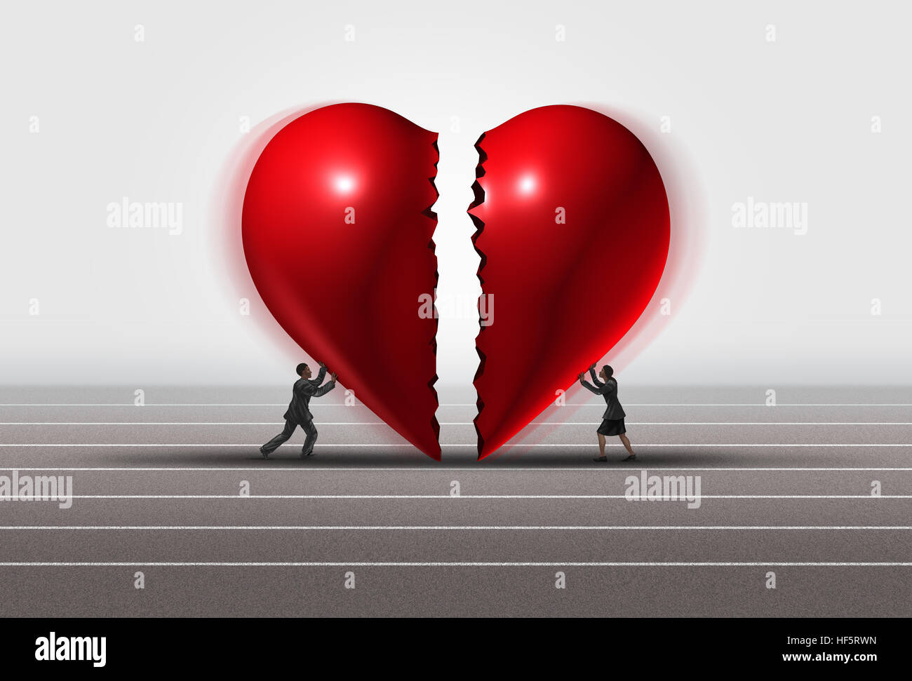 Fixing a relationship concept as a man and woman pushing a broken heart together as a romantic couple repairing thier love with 3D illustration elemen Stock Photo