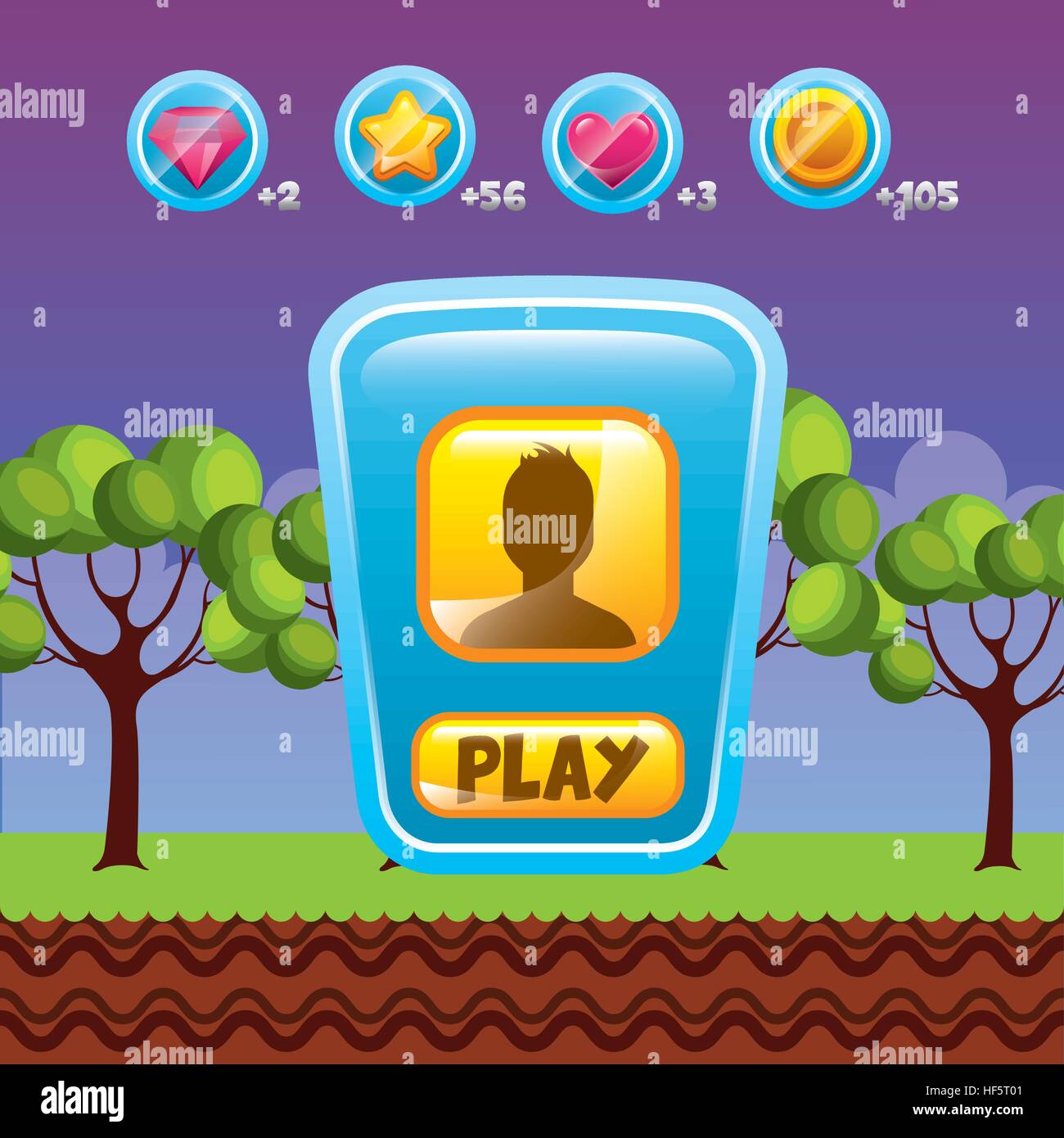 video game interface with user icon over trees background. colorful ...
