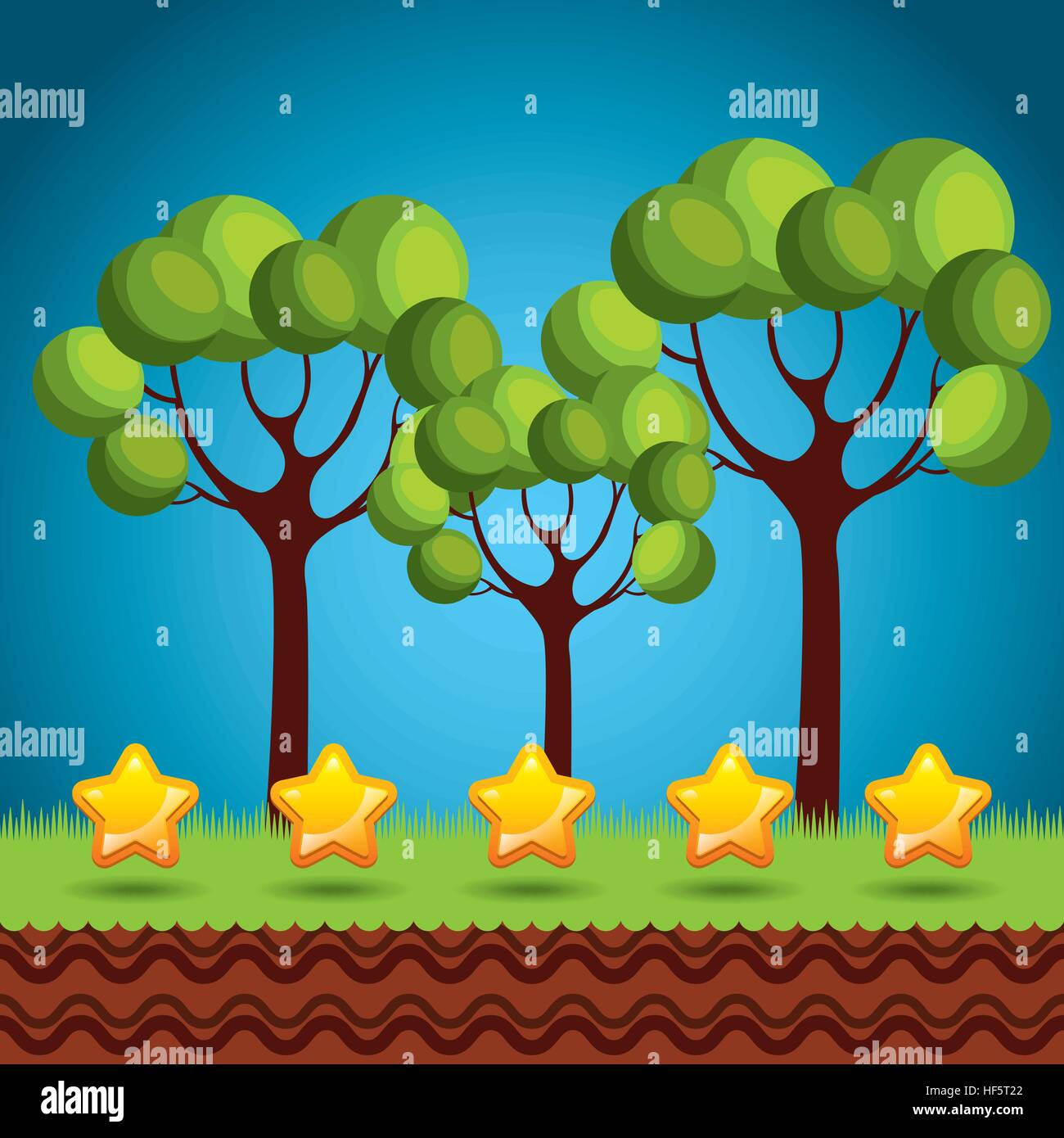 video game interface with trees and stars icon over blue background ...