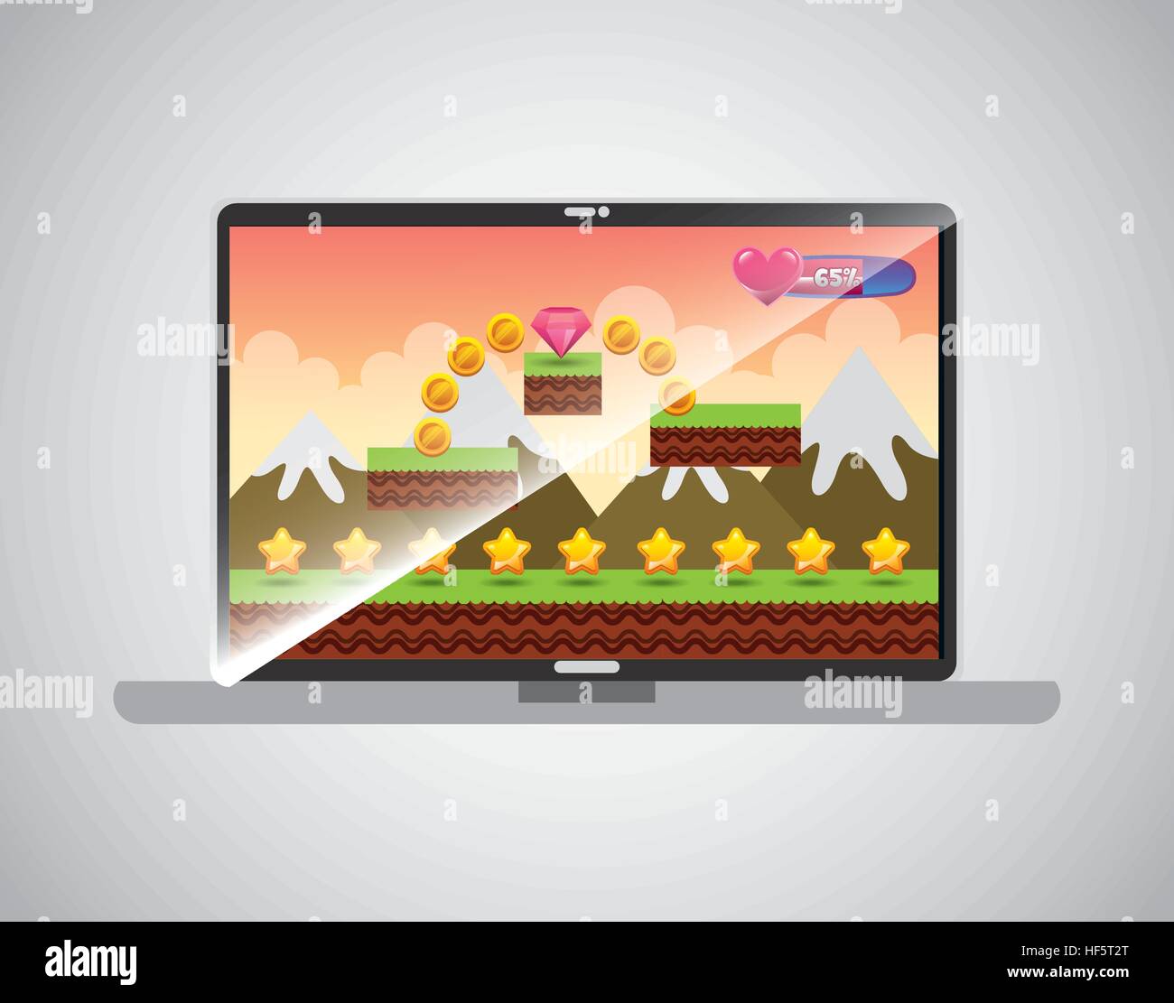 laptop computer with video game interface with icon over white ...