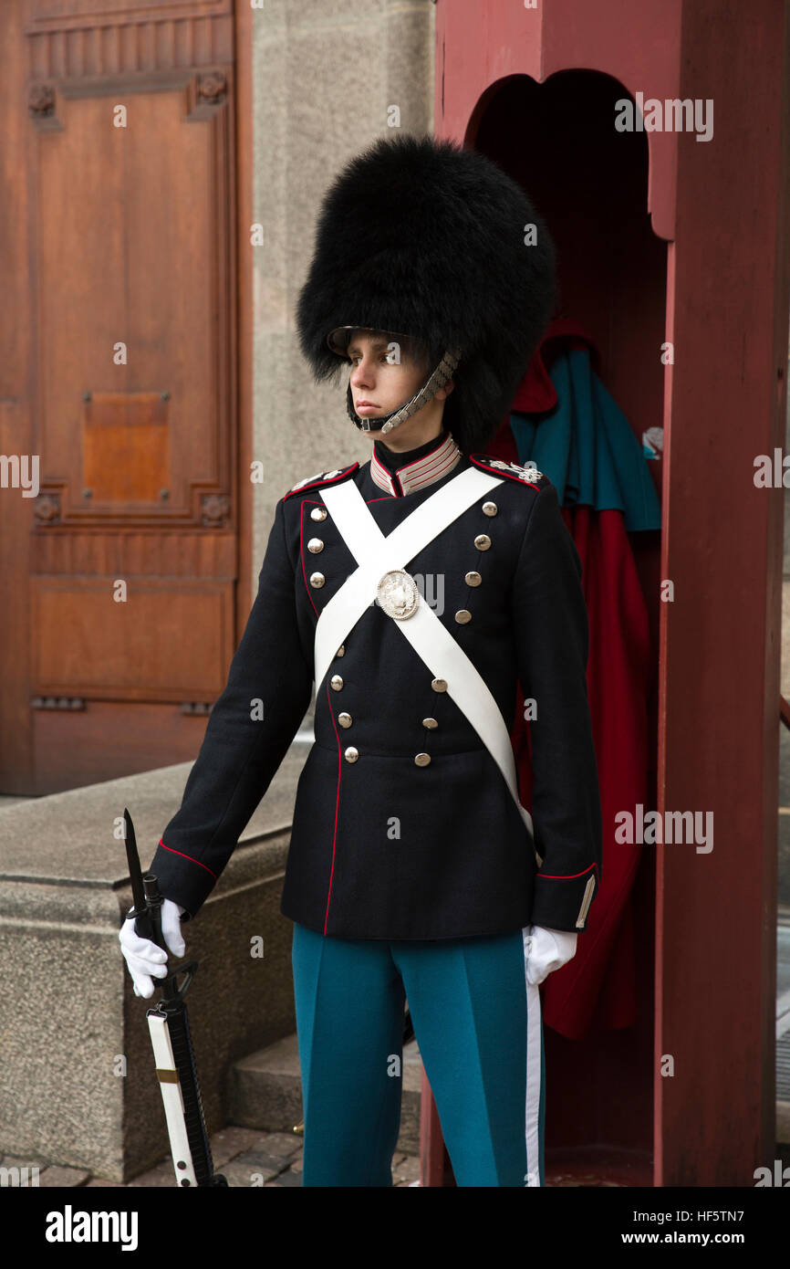 Denmark, Copenhagen, Christiansborg Palace, courtyard, soldier in guardsman’s uniform guarding entrance Stock Photo