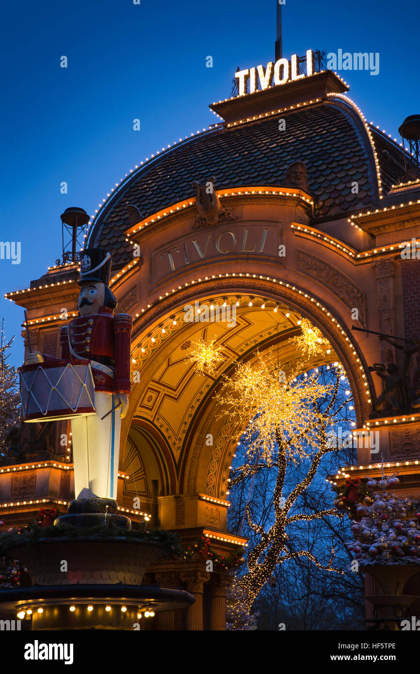 Denmark, Copenhagen, Vesterbrogade, Tivoli Gardens, entrance with Christmas decorations at night Stock Photo