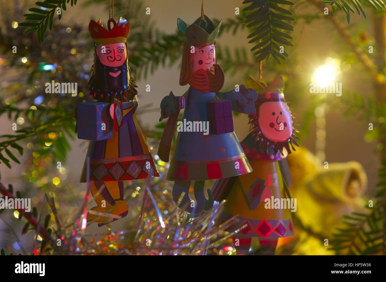 Three Kings Wise Men Decorations On A Christmas Tree Stock