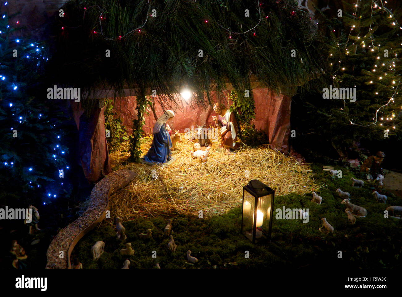 Crib displayed in a French church Stock Photo