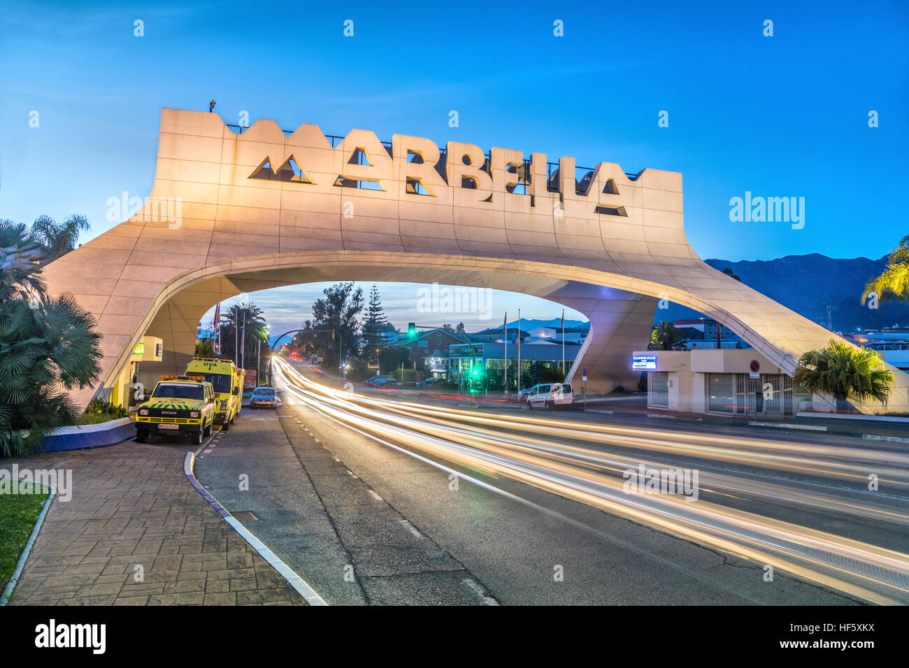 Marbella, Spain - December 26 2016: Marbella Entrance Arch at dusk Stock Photo