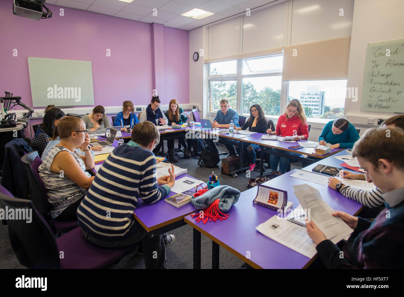 Higher Education in the UK: Aberystwyth University students in a English Literature seminar tutorial  on the campus Stock Photo