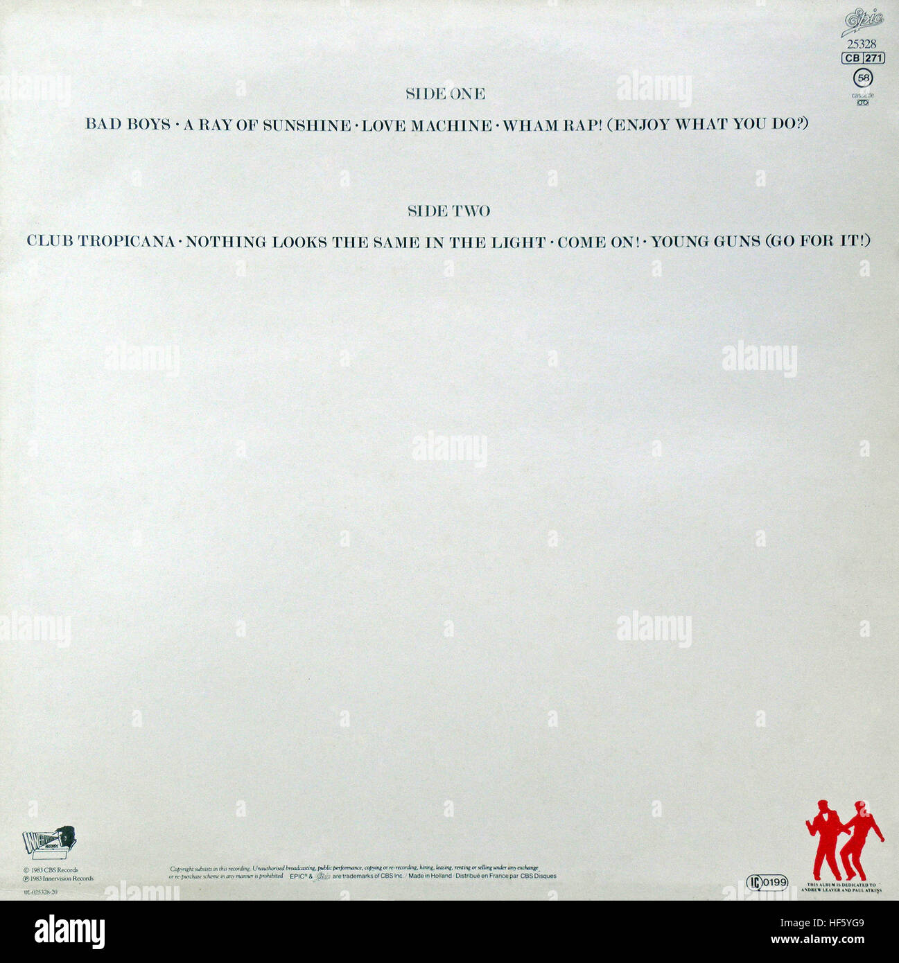 Wham! LP 'Fantastic', gramophone record back side, George Michael & Andrew Ridgeley, 1983. Stock Photo