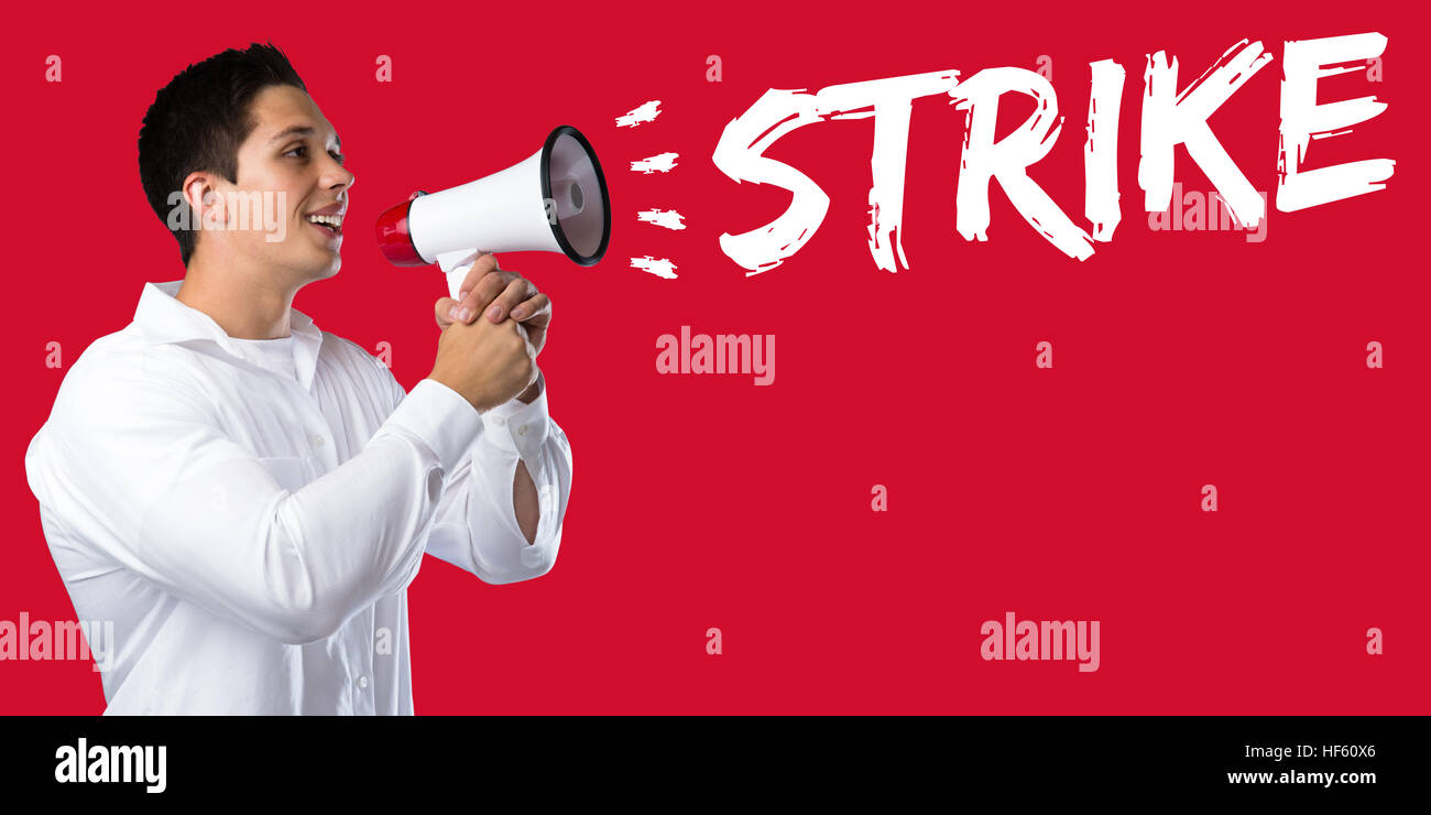 Strike protest action demonstrate jobs, job employees business concept young man megaphone bullhorn Stock Photo