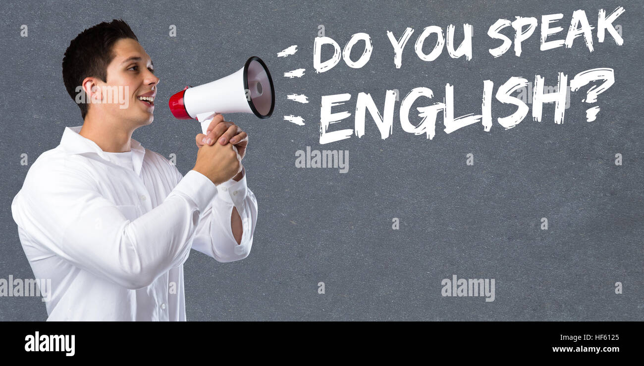 Do you speak English foreign language learning school young man megaphone bullhorn Stock Photo