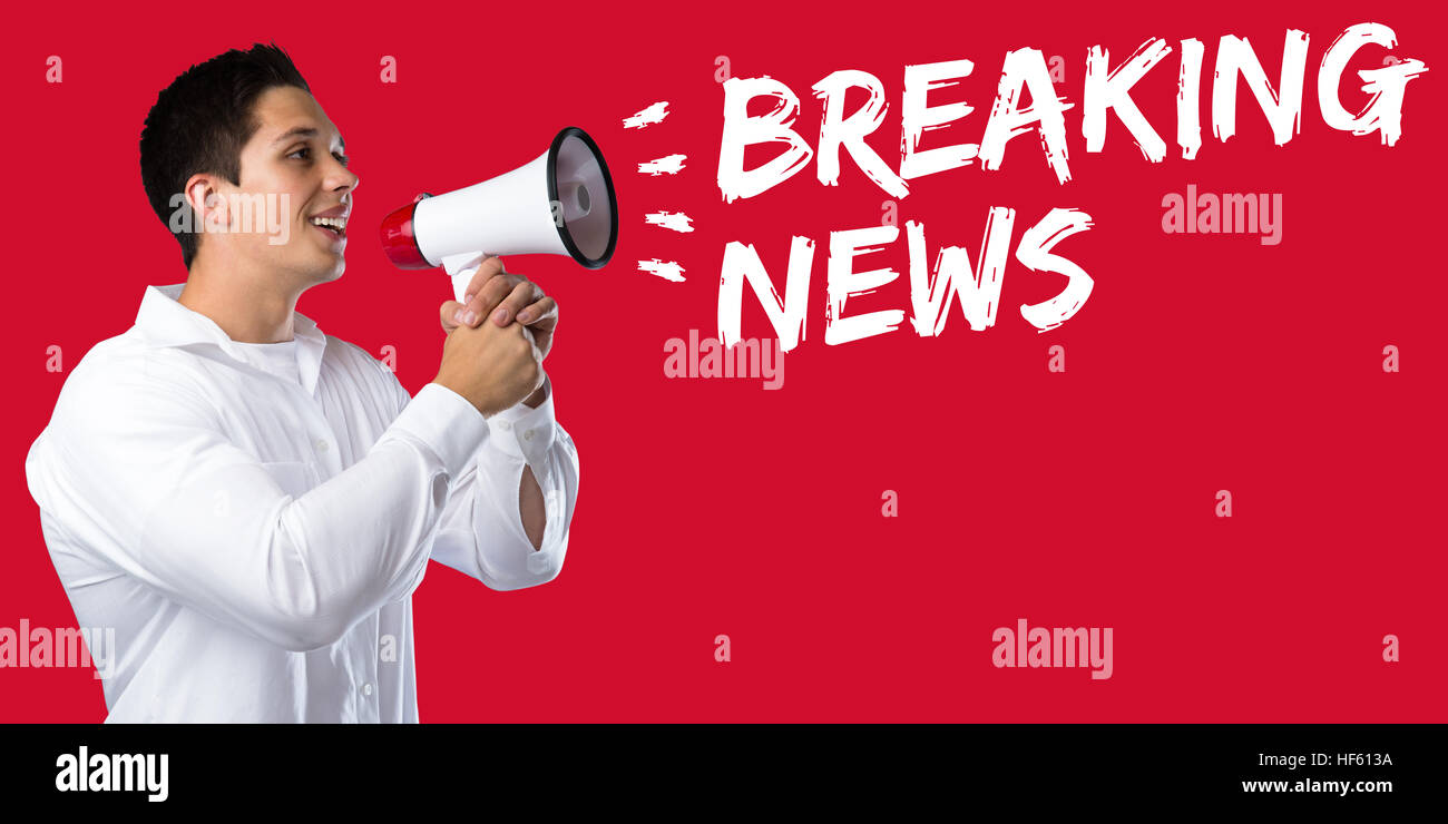 Breaking news media announcement announce information young man megaphone bullhorn Stock Photo