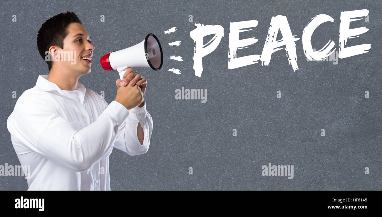 Peace war peaceful concept young man megaphone bullhorn Stock Photo