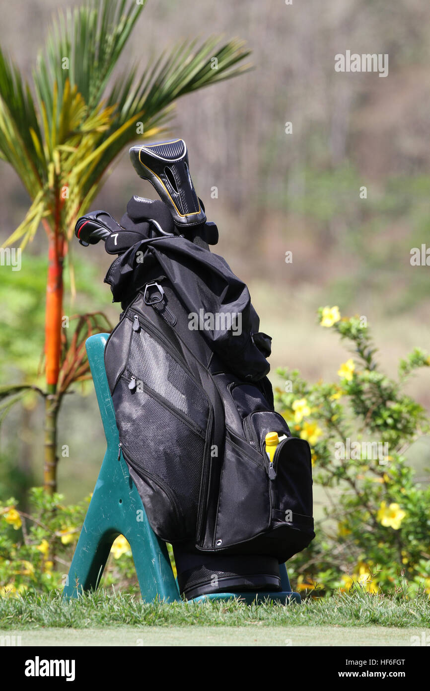 Black golf bag with clubs on a practice green at a golf course Stock