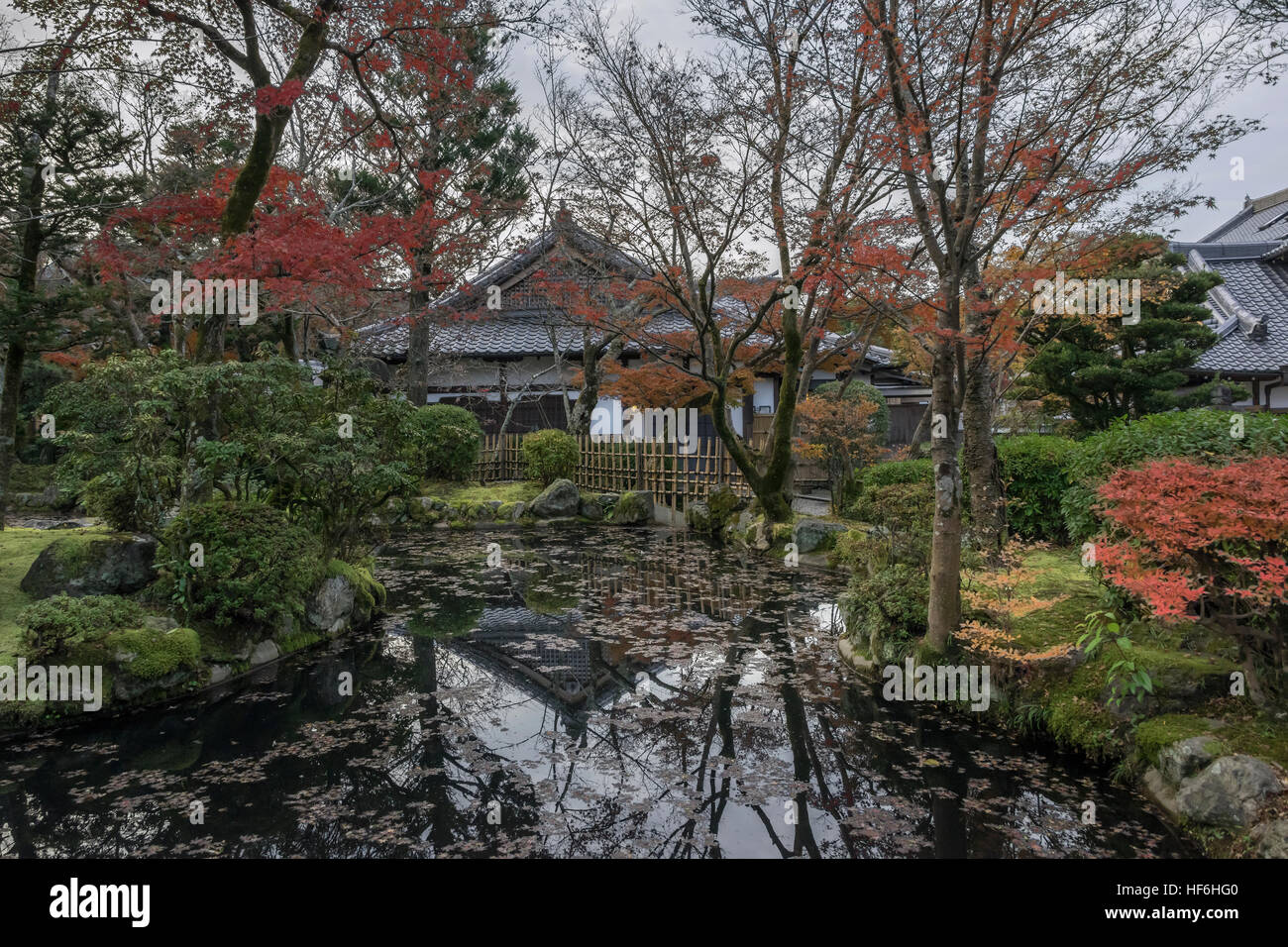 Pavilion and pond with fall leaves and reflections, Kiyomizu-dera Buddhist  temple, Kyoto, Japan Stock Photo