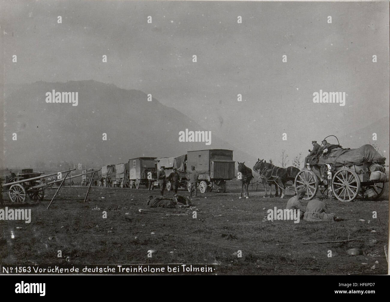 Train Columm Advancing German train column near Tolmein, photographed during World ...