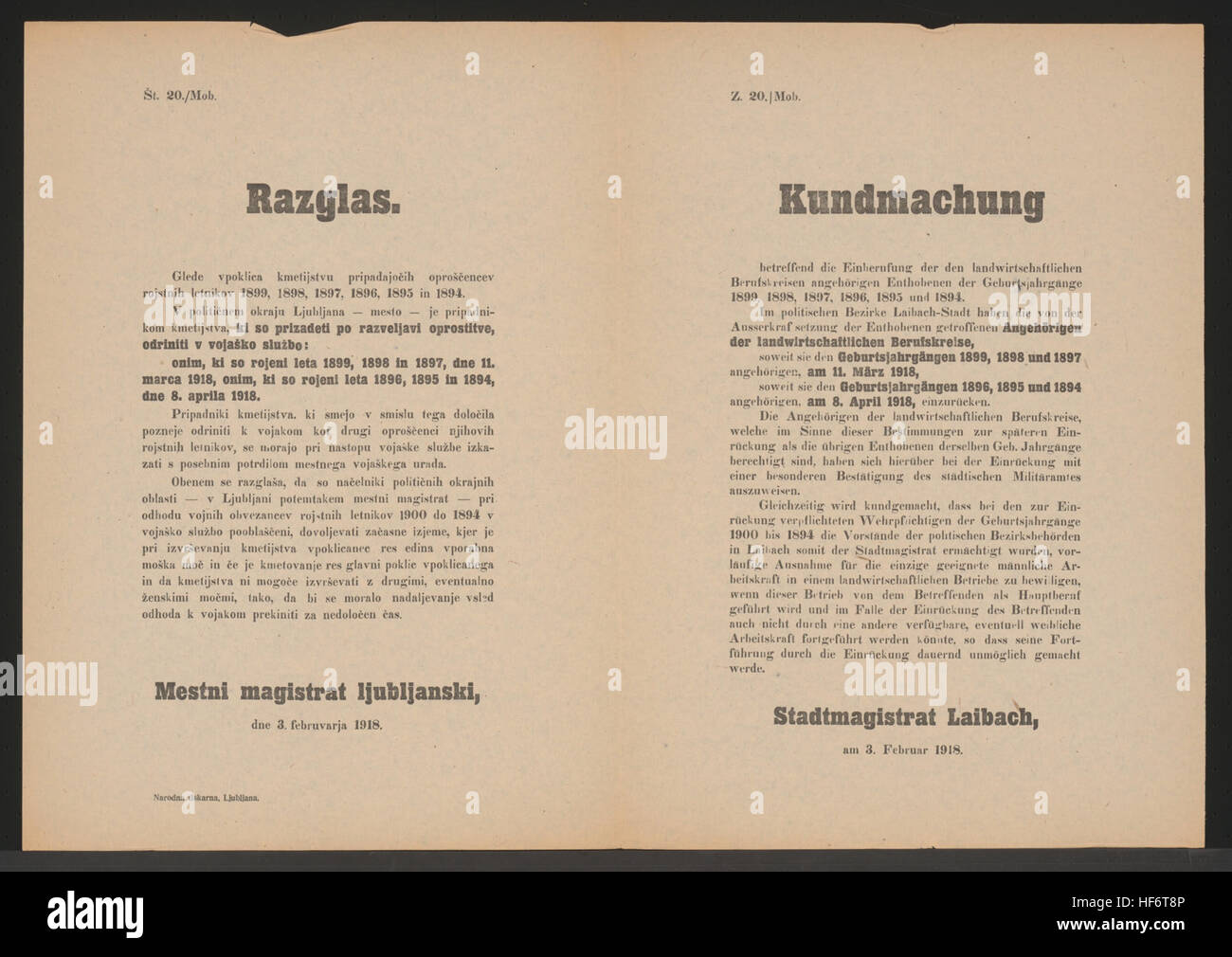 Angehörige der landwirtschaftlichen Berufskreise der Jahrgänge 1894 bis 1899 haben am 11. März bzw. 8. April 1918 einzurücken - Bezirksbehörden dürfen Ausnahmen bewilligen, wenn durch Einrückung einzige männliche Arbeitskraft fehlt und Fortführung der Arbeit unmöglich wird - Stadtmagistrat Laibach, am 3. Ferbruar 1918 - Zl. 20./Mob. Einberufung der bisher Enthobenen - Kundmachung - Laibach - Mehrsprachiges Plakat 1918 Stock Photo