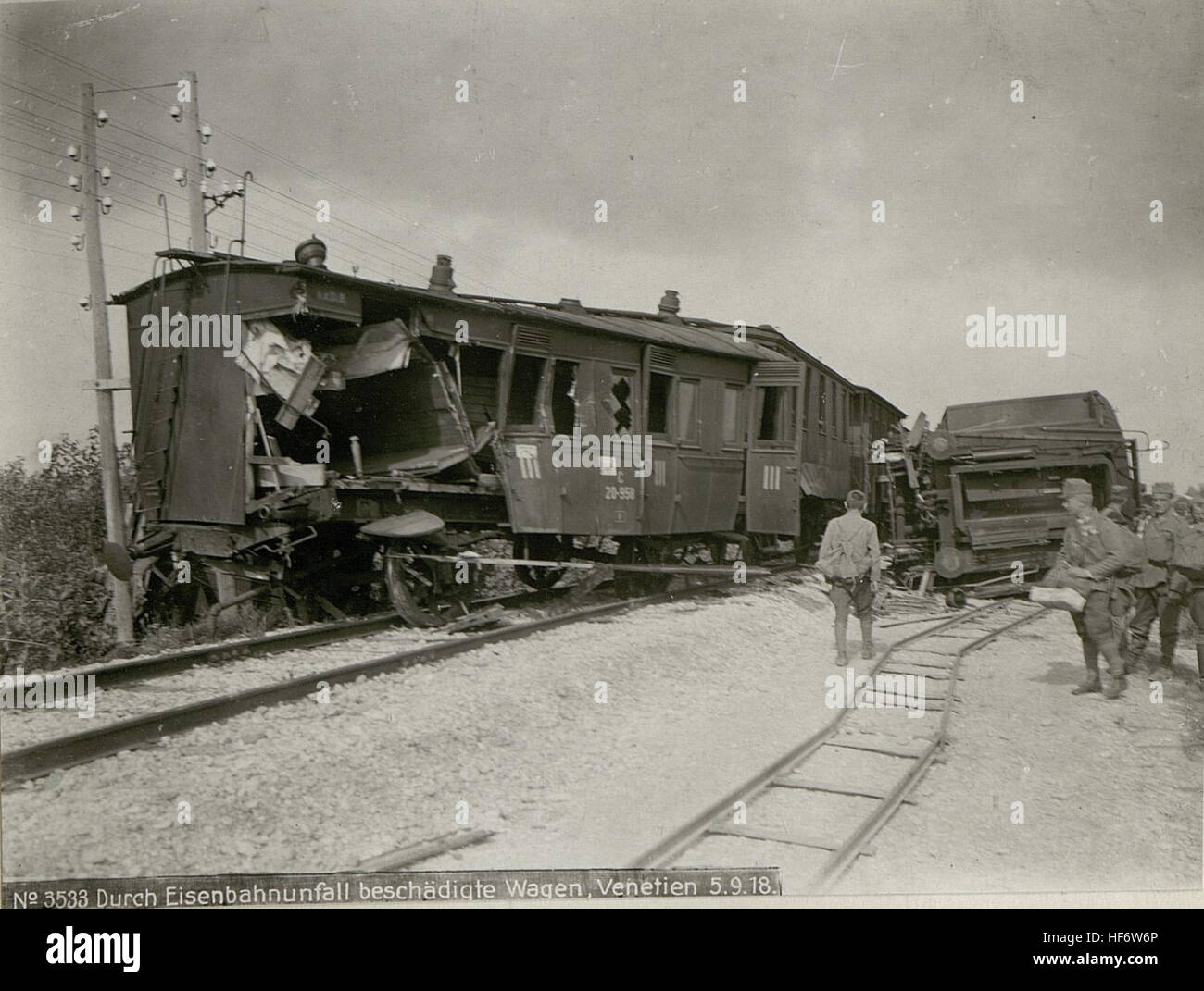 Damaged railway wagons from a train crash, Veneto, World War I ...