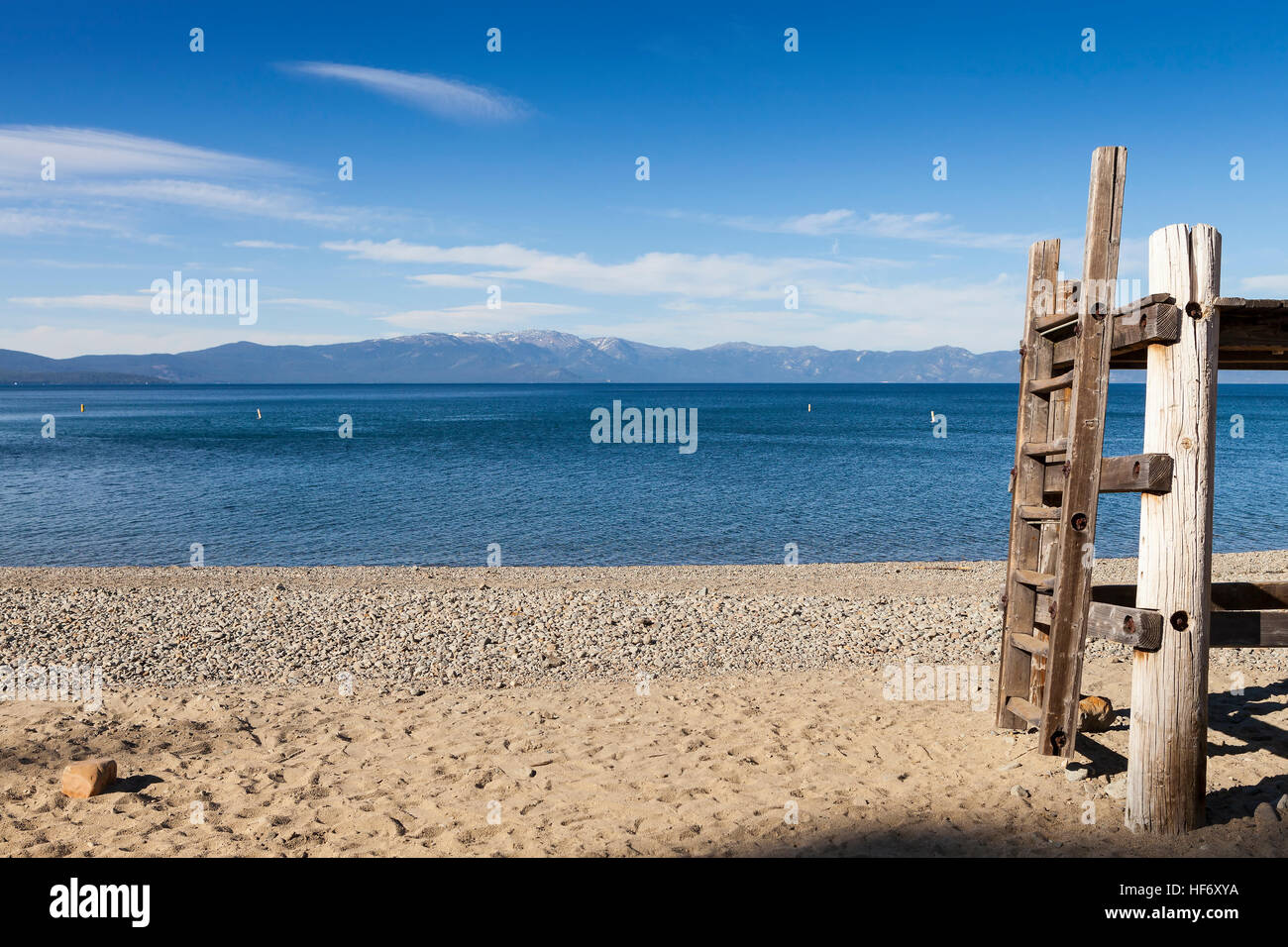 Lake Tahoe California Beach with Life Guard platform and ladder. Stock Photo