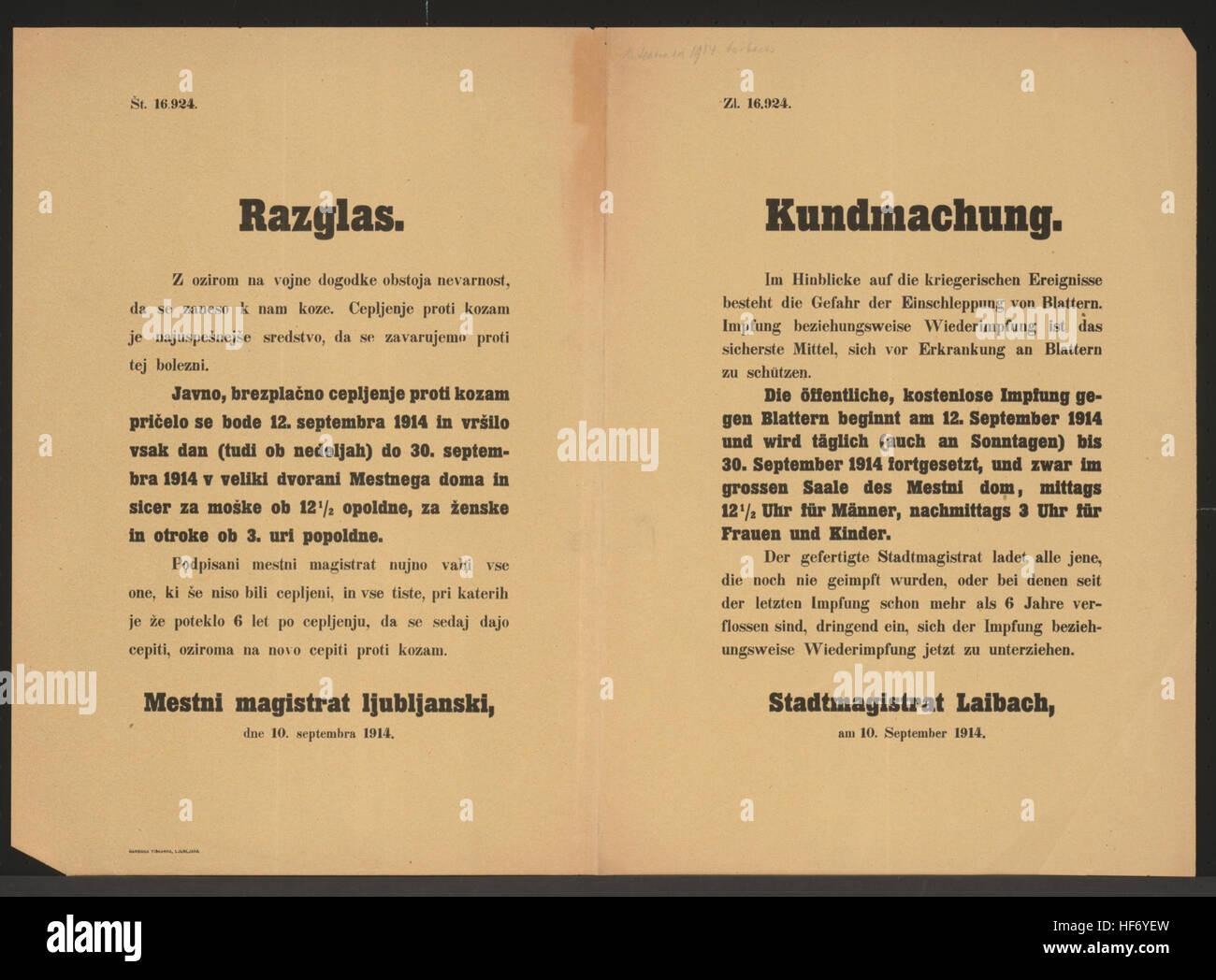 Gefahr der Einschleppung von Blattern - Kostenlose tägliche Impfungen ab 12. bis 30. September - Aufruf zur Impfung - Stadtmagistrat Laibach, am 10. September 1914 - Zl. 16.924 Blatterngefahr - Kundmachung - Laibach - Mehrsprachiges Plakat 1914 Stock Photo