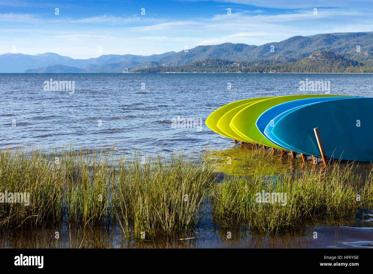 Rental Stand Up Paddle boards on shore of Lake Tahoe, California. Stock Photo