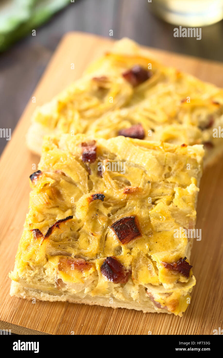 Traditional German Zwiebelkuchen savory onion cake pieces made of onion