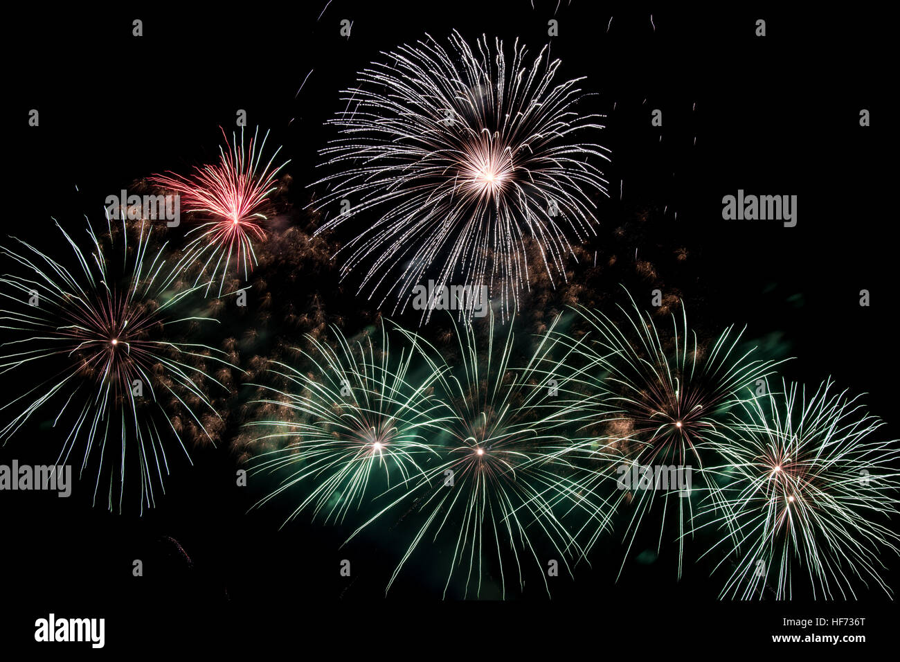 Fireworks colorful explosion of color brightness uae dubai dfc guinness worl record holder Stock Photo