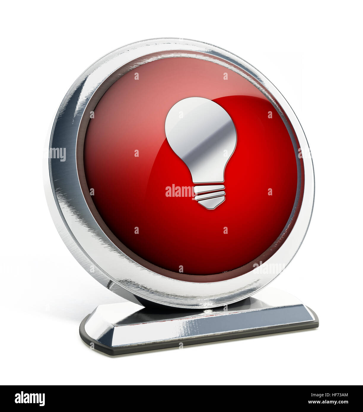 Glossy red button with lightbulb symbol. 3D illustration. Stock Photo