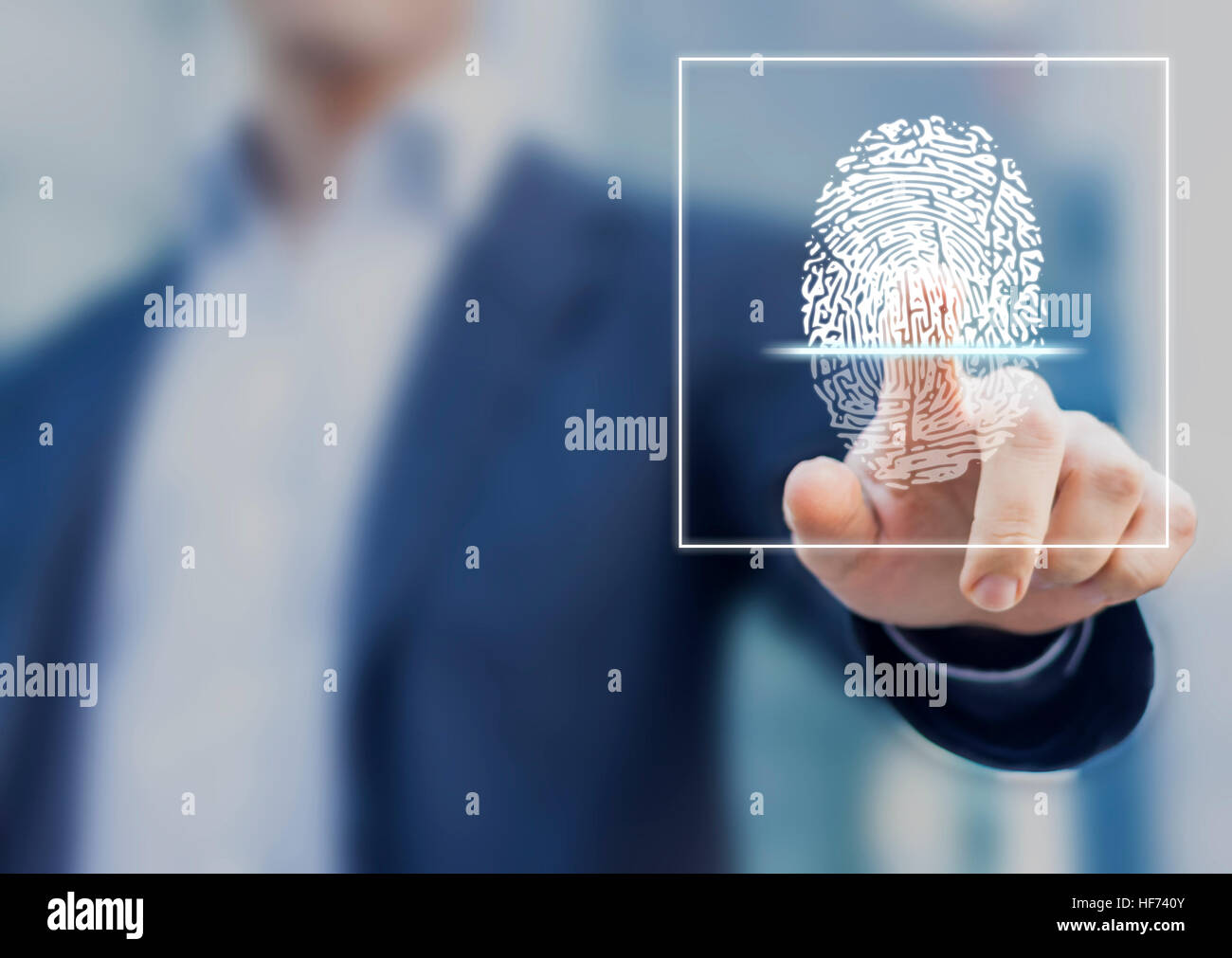 Fingerprint scan provides security access with biometrics identification, person touching screen with finger in background Stock Photo