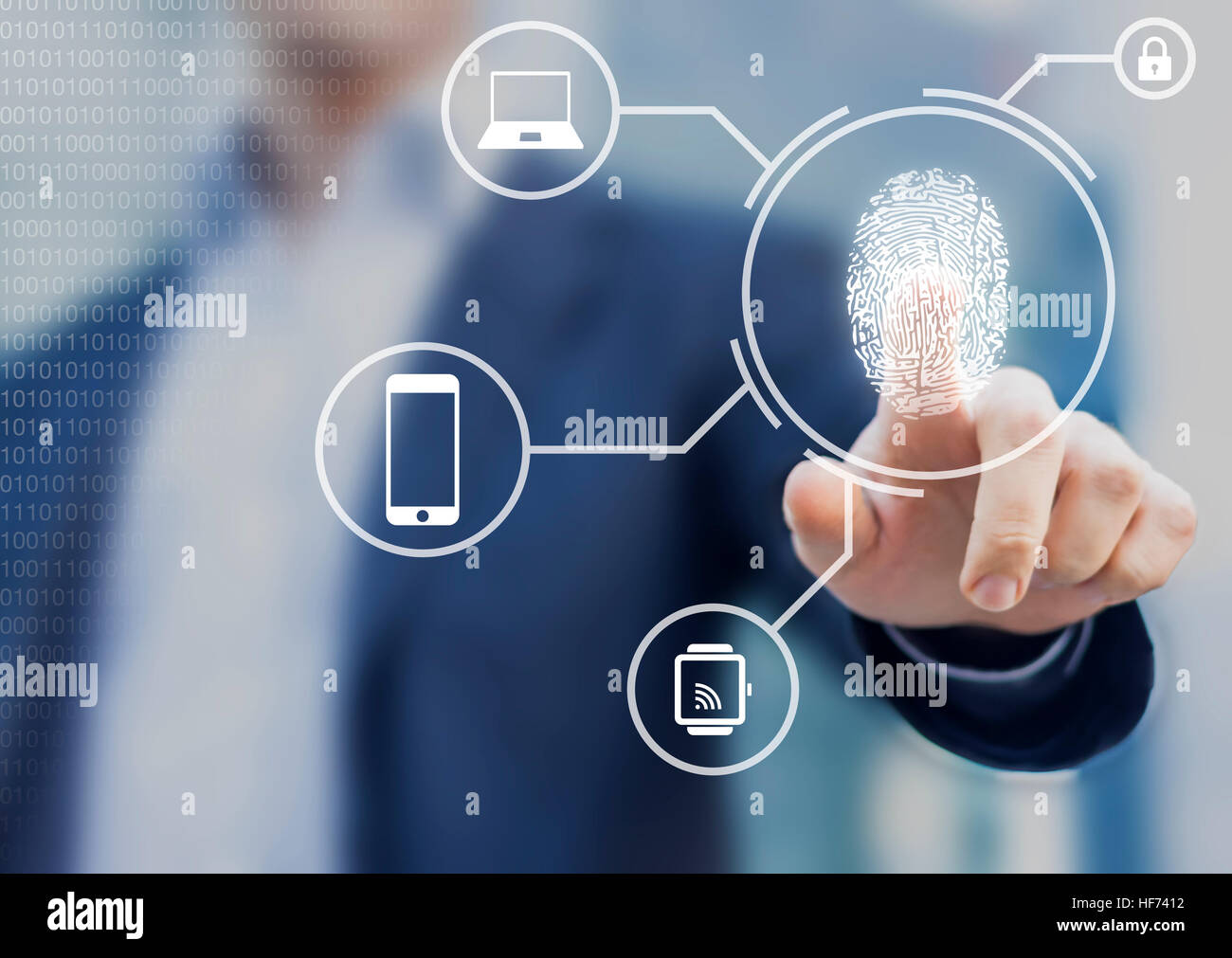 Person unlocking devices with fingerprint scan using biometrics security, concept with digital interface Stock Photo