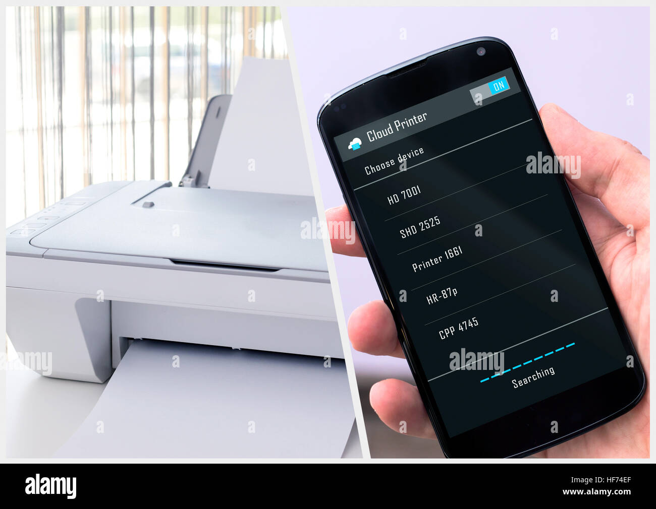 Man connects to wireless printer. Cloud print concept Stock Photo