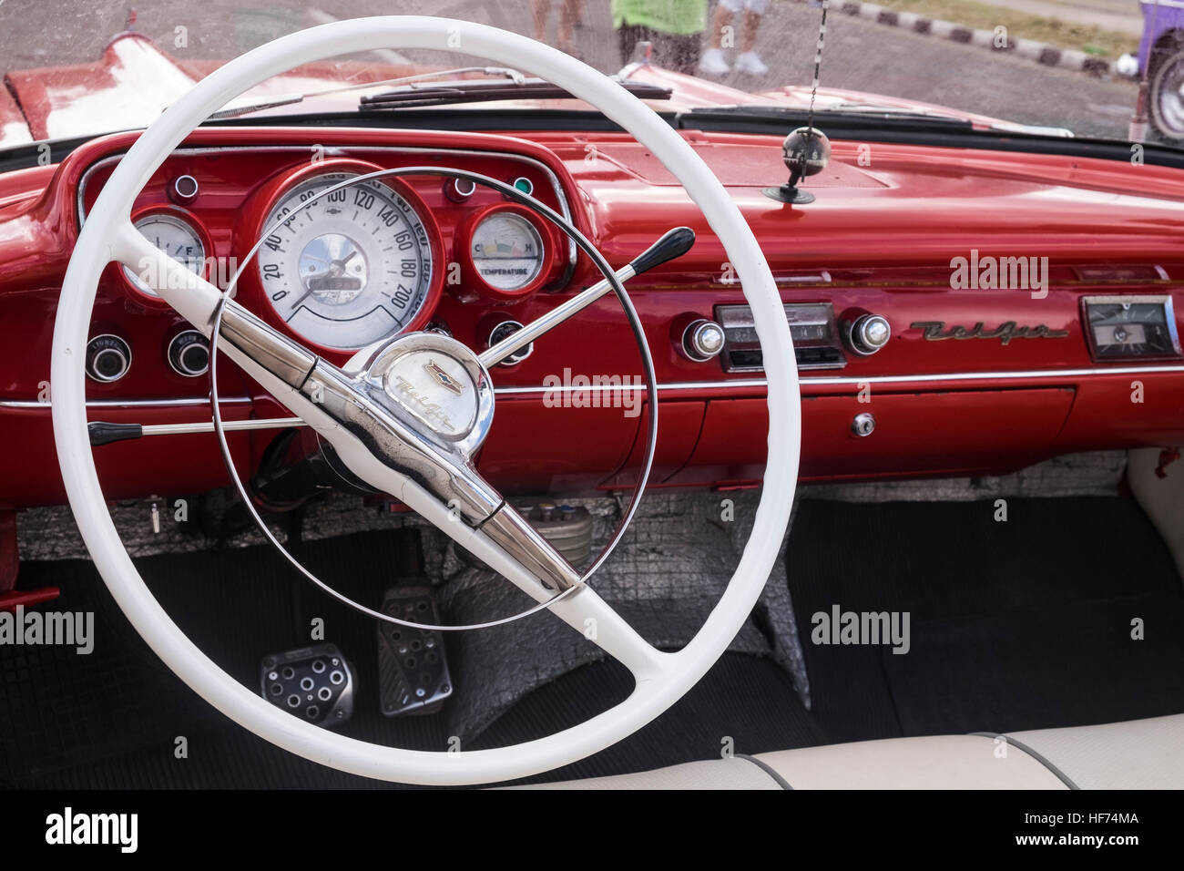 Steering wheel and dashboard of a 1950s Chevrolet Belair, classic old american car, La Havana, Cuba. Stock Photo