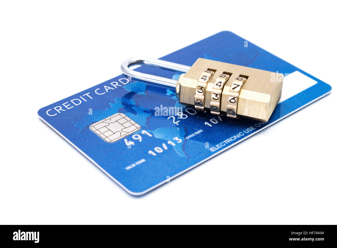 Credit card and combination lock padlock. Credit card security concept