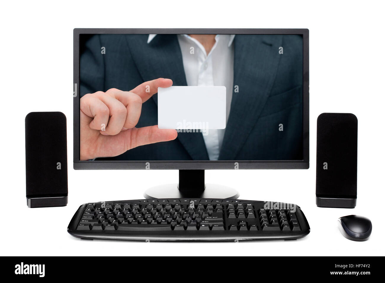 Businessman on desktop computer monitor showing card with empty space for your text Stock Photo
