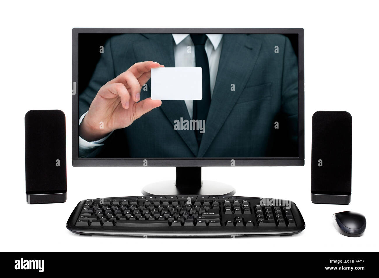 Businessman on desktop computer monitor showing card with empty space for your text Stock Photo