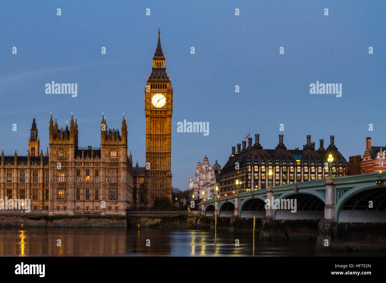 Big Ben, Palace of Westminster, Westminster bridge and thames river. London, United Kingdom. Stock Photo