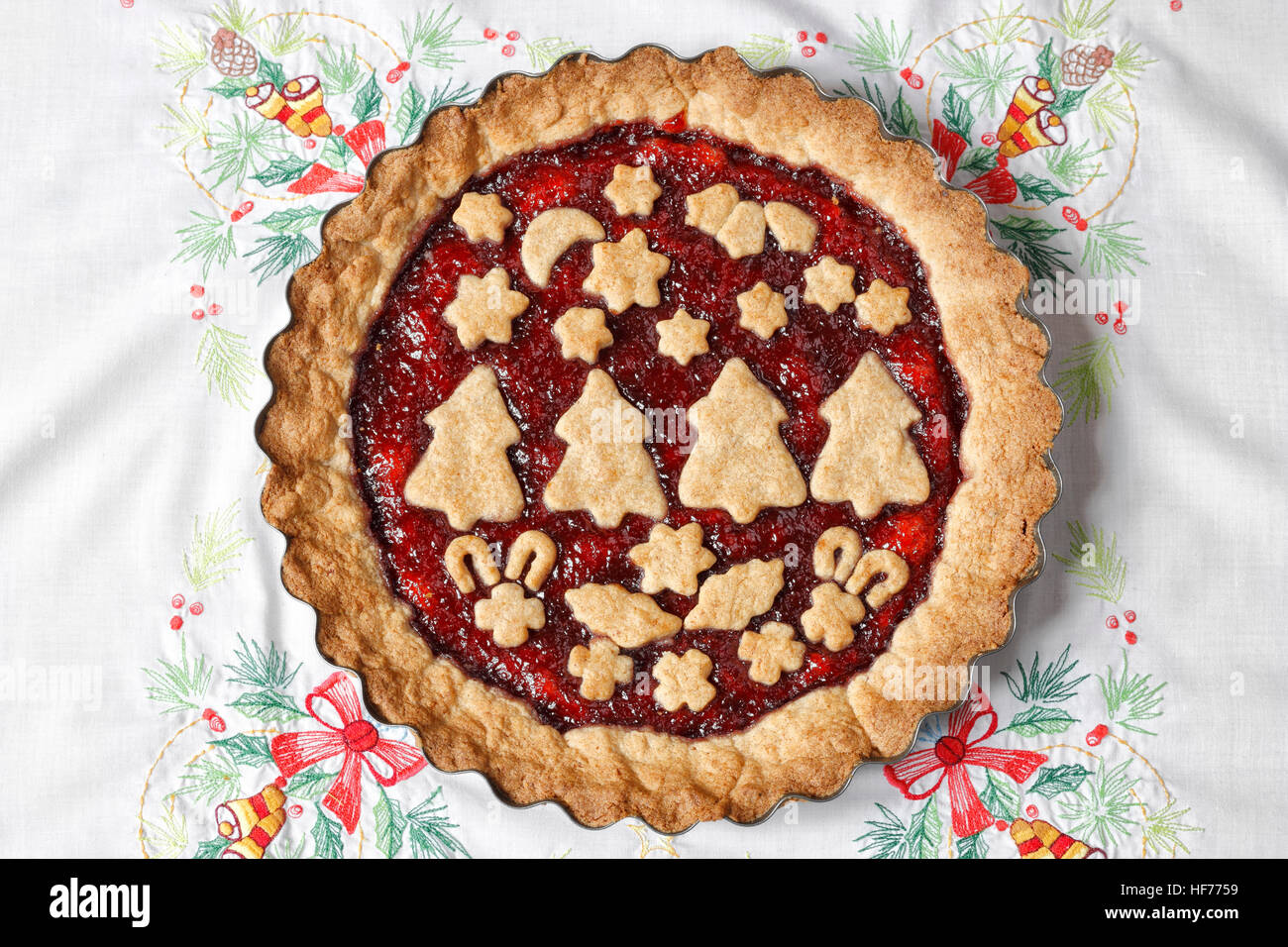 Decorated Linzer torte for Christmas Stock Photo
