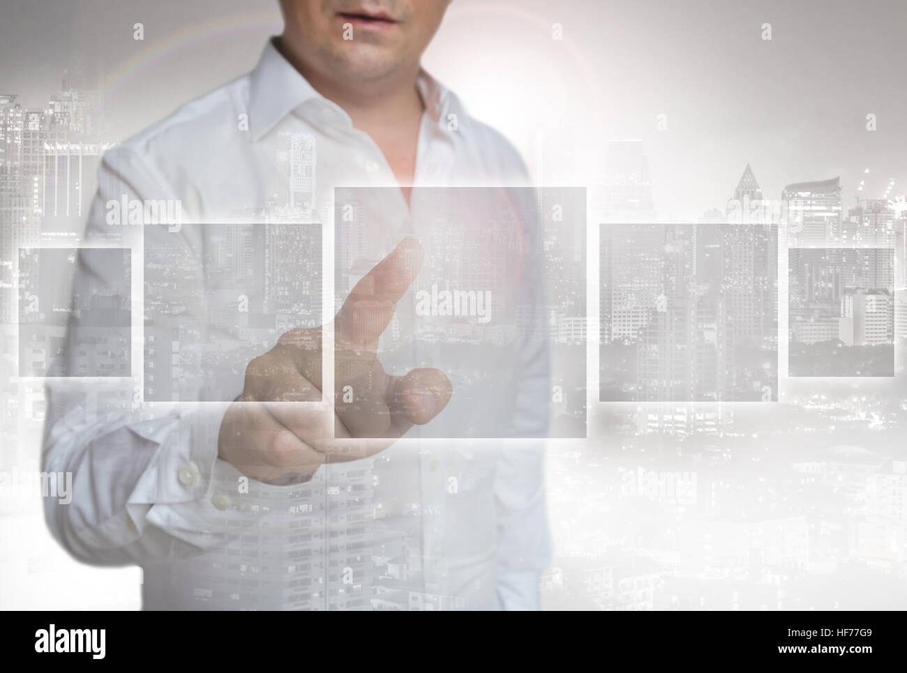 Concept touchscreen is operated by man. Stock Photo