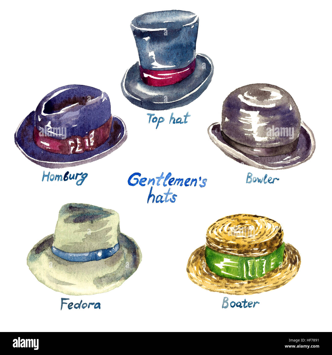 Gentleman's hats types: Top hat, Homburg, Fedora, Boater, Bowler Stock  Photo - Alamy