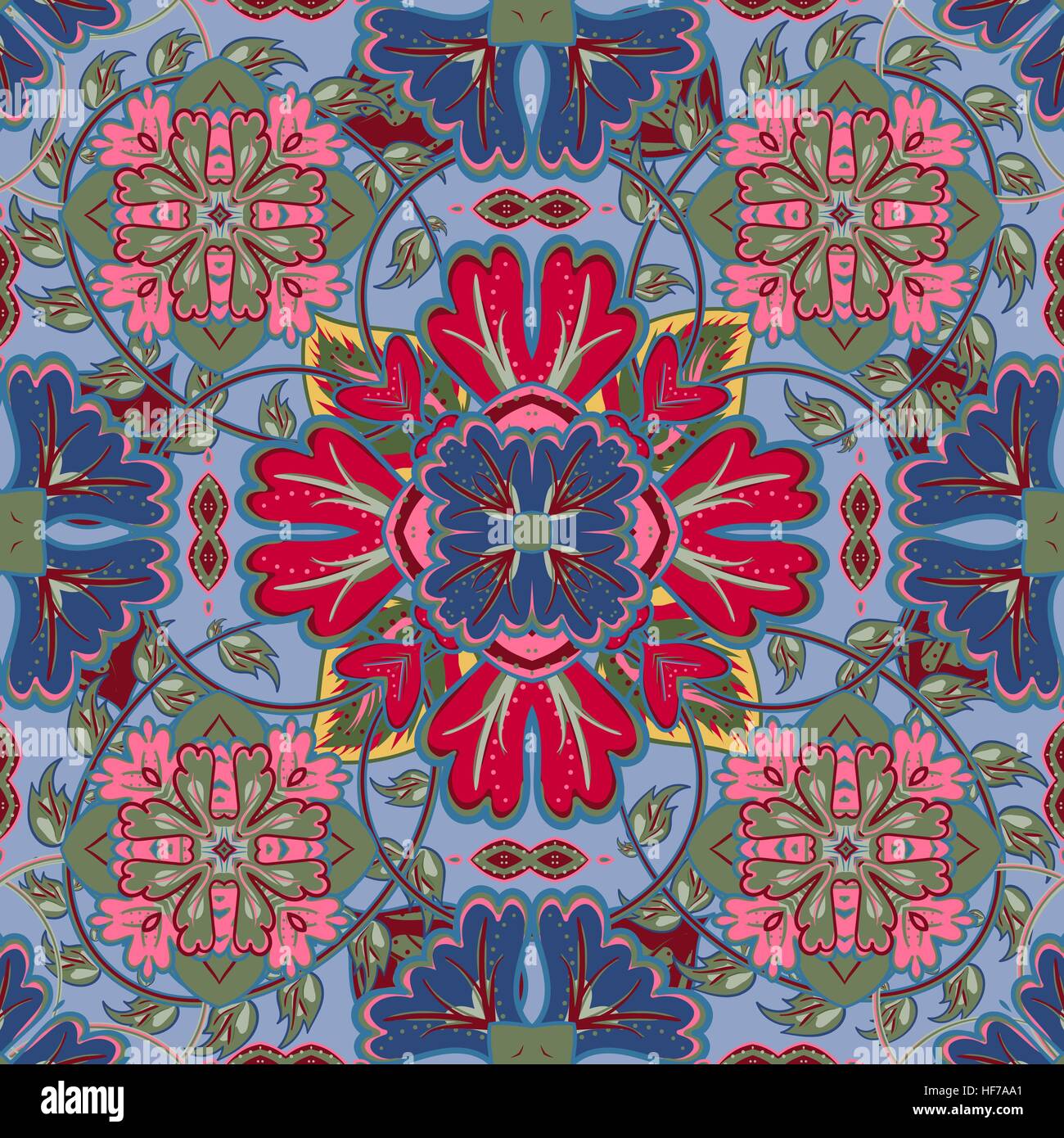 Colorful, glaze seamless pattern of mandalas. Vector oriental pattern on a bright blue red pink tones. Fairy floral pattern of circular elements.Can be used for textiles, carpet, tile, shawl. Stock Vector