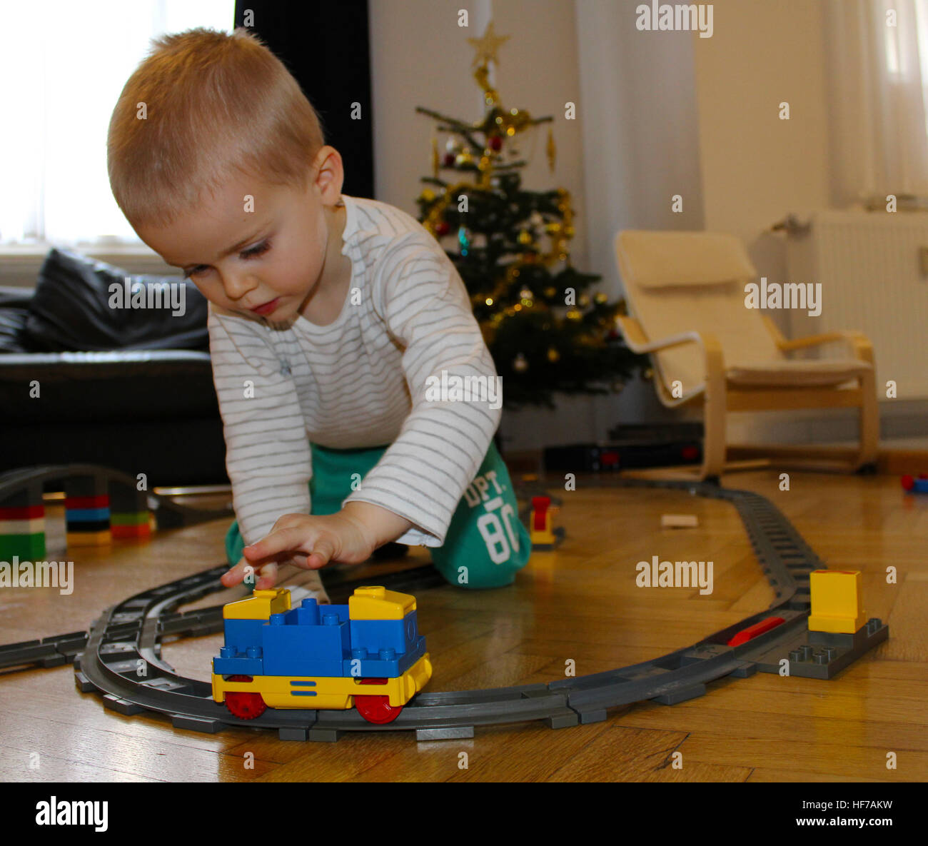Boy, baby, child, train, LEGO, DUPLO, Christmas, gift, present Stock Photo  - Alamy
