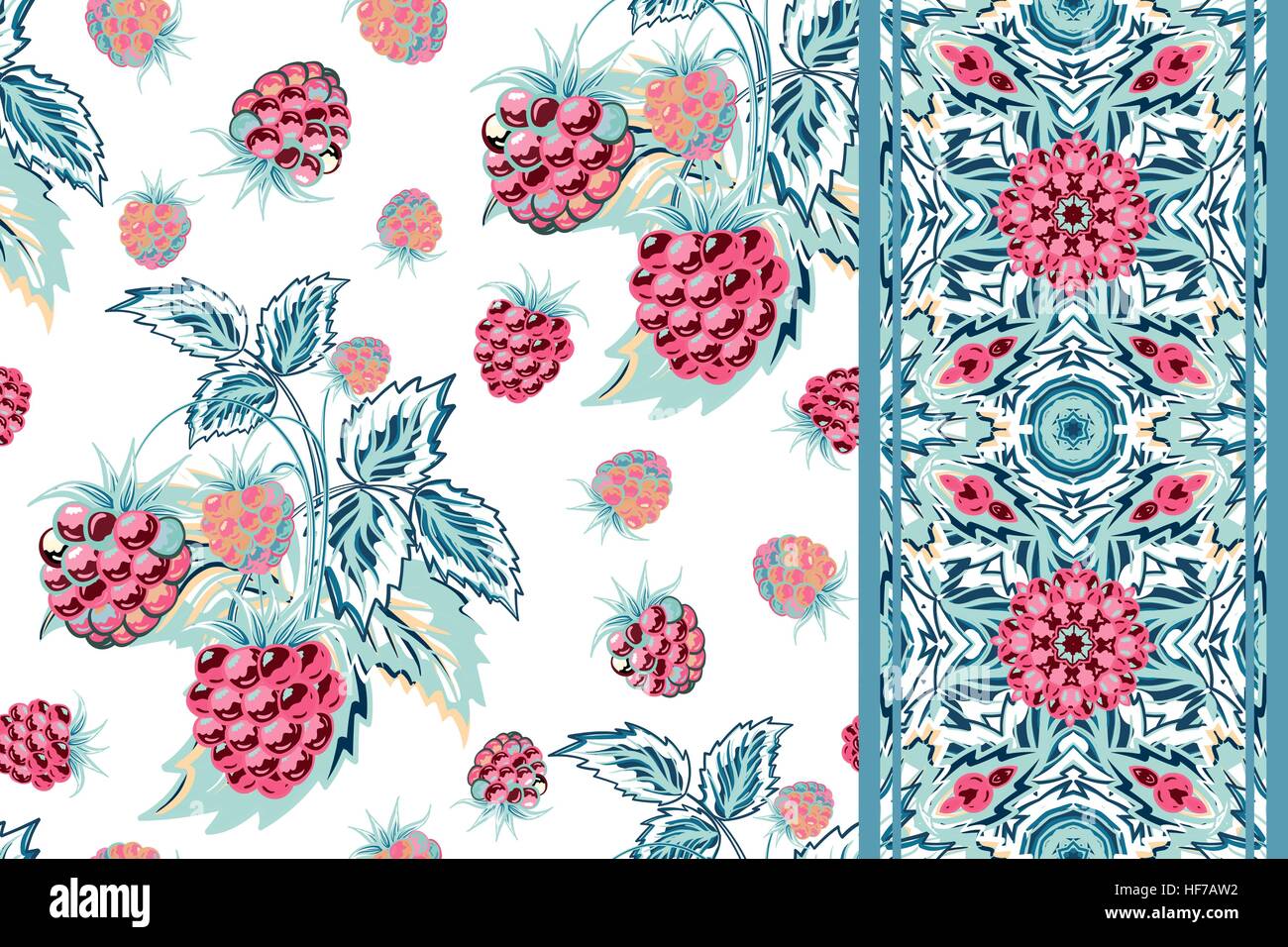 Set of vector seamless pattern with blue pink raspberries and border ...