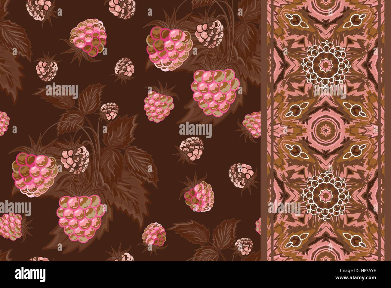 Set of seamless background with pink raspberry, brown leaves on dark ...