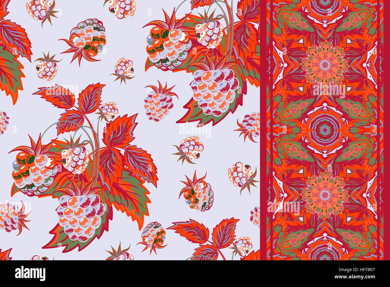 Set of seamless background with pink red raspberry, leaves on gray ...