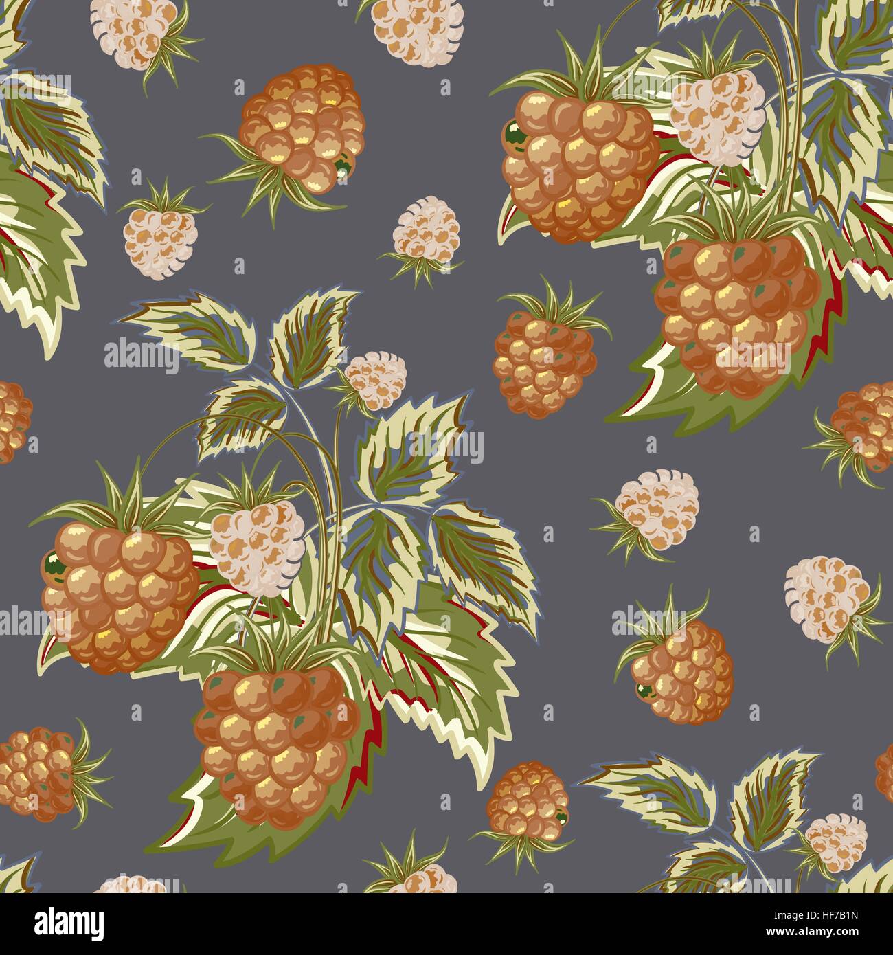 Grey Brown Raspberry Hand painted pattern of pastel brown raspberry on gray backdrop. Fruit ...