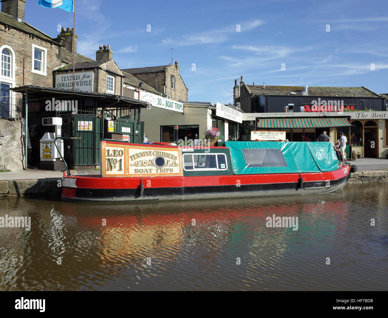 Canal boat UK Skipton canal basin Leeds and Liverpool Canal North Yorkshire Dales Stock Photo