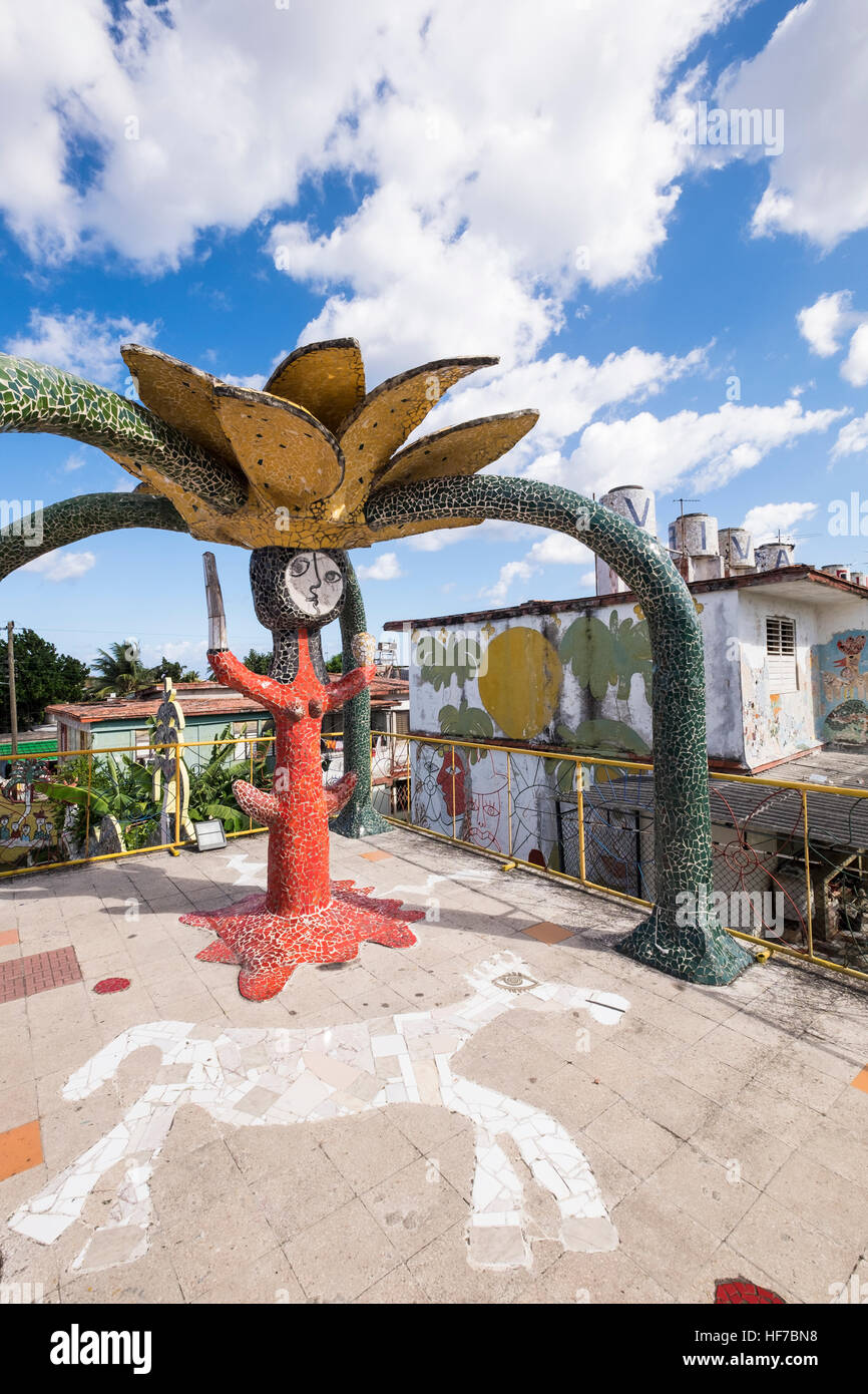 Artistic conversion of a community area by the artist Jose Fuster, using bright coloured tiles and sculptural shapes, Jaimanitas, La Havana, Cuba. Stock Photo