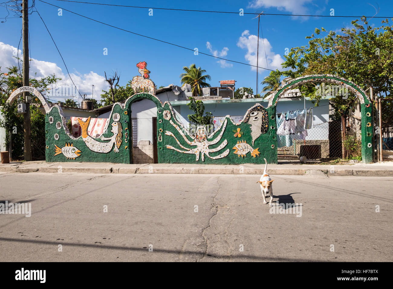 Artistic conversion of a community area by the artist Jose Fuster, using bright coloured tiles and sculptural shapes, Jaimanitas, La Havana, Cuba. Stock Photo